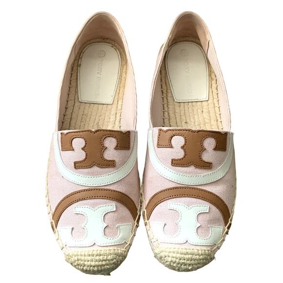 Tory Buch Poppy Canvas Patent Espadrille Flats in Pink/White/Brown - Picture 2 of 9